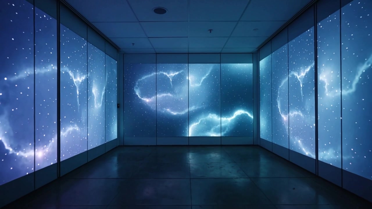 Control system starting immersive LED panels pulsing blue nebula across room for gallery display