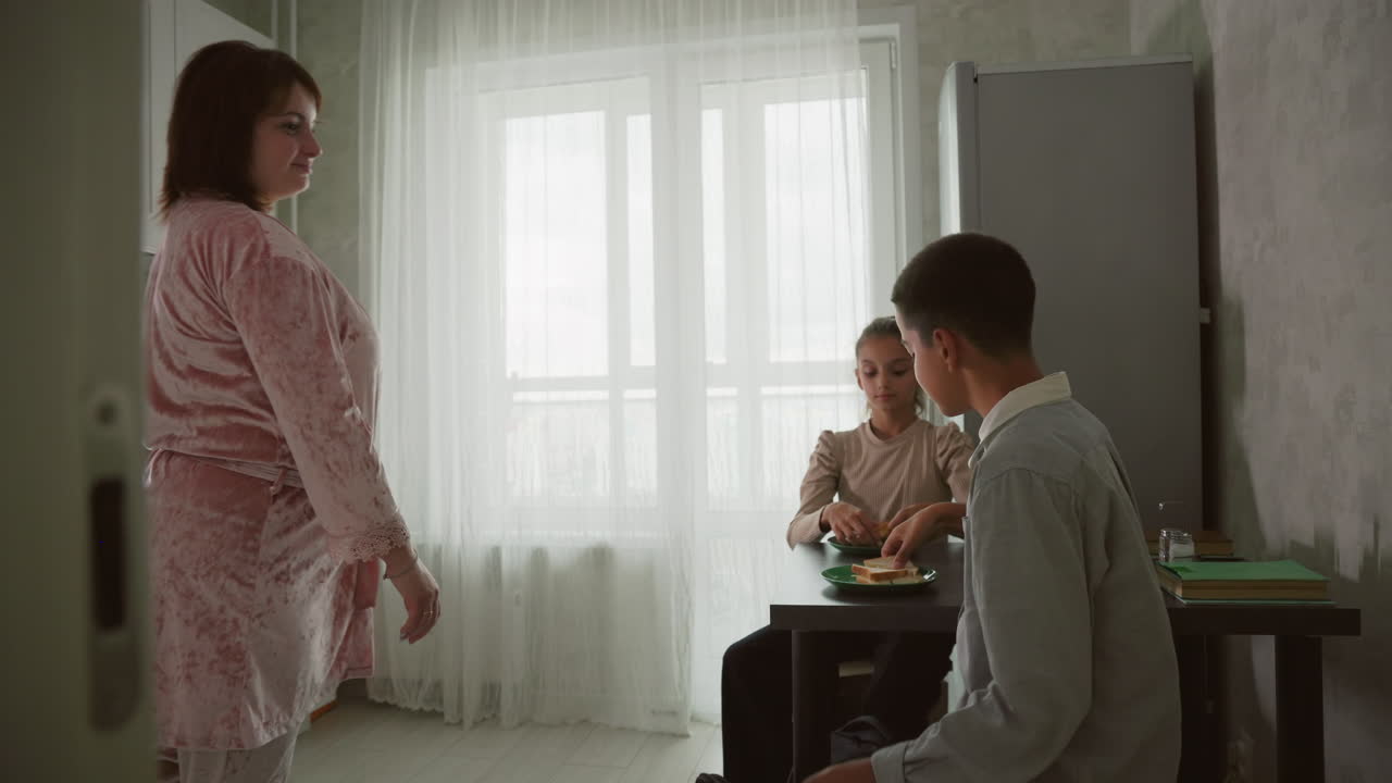 woman in pink robe serving sandwiches on plates to child sitting at kitchen table, other child in background with backpack, kitchen with window and soft morning light, preparing breakfast