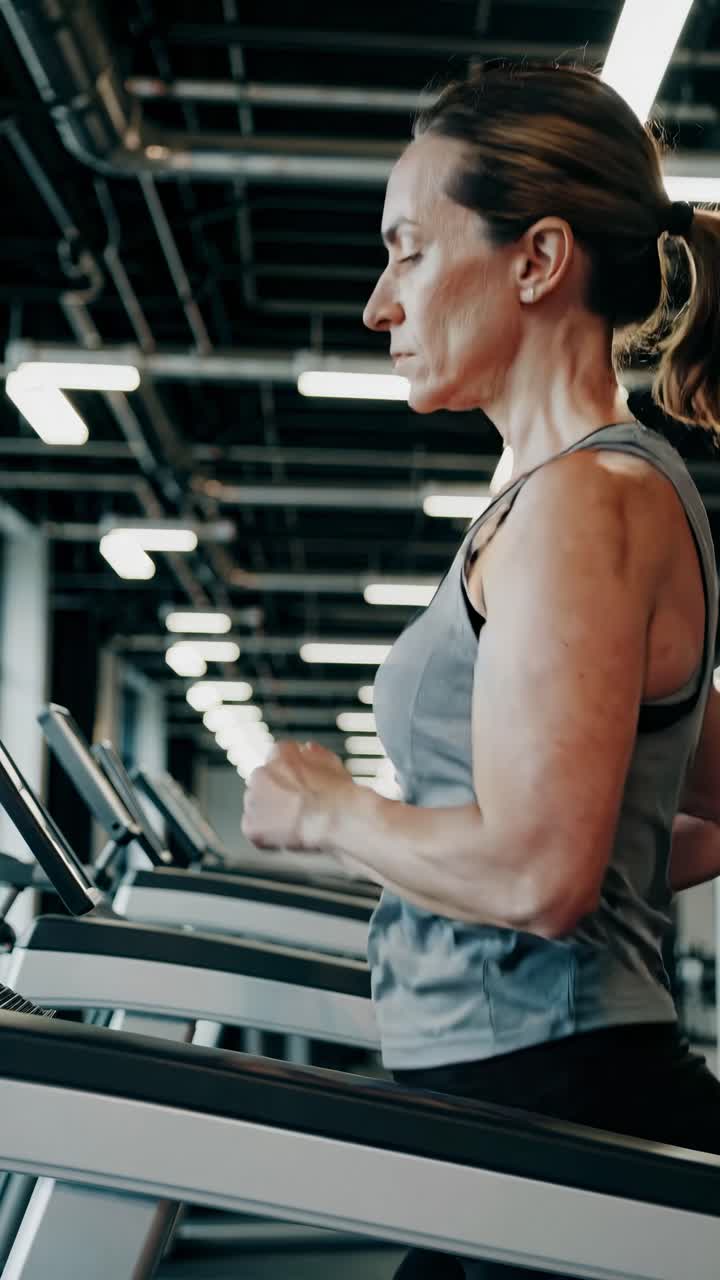Una donna corre su un tapis roulant in una palestra, ripresa in un video di profilo laterale