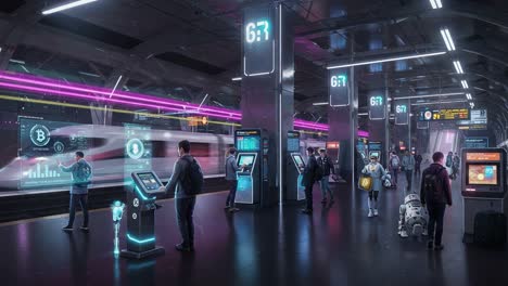 futuristic transportation hub: a glimpse into the digital era of train stations with advanced technology and interactive displays enhancing passenger experience