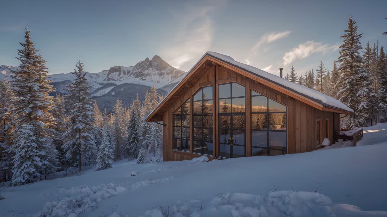 Approaching camera revealing wood-clad pitched-roof cabin on snowy slope, showing glass windows