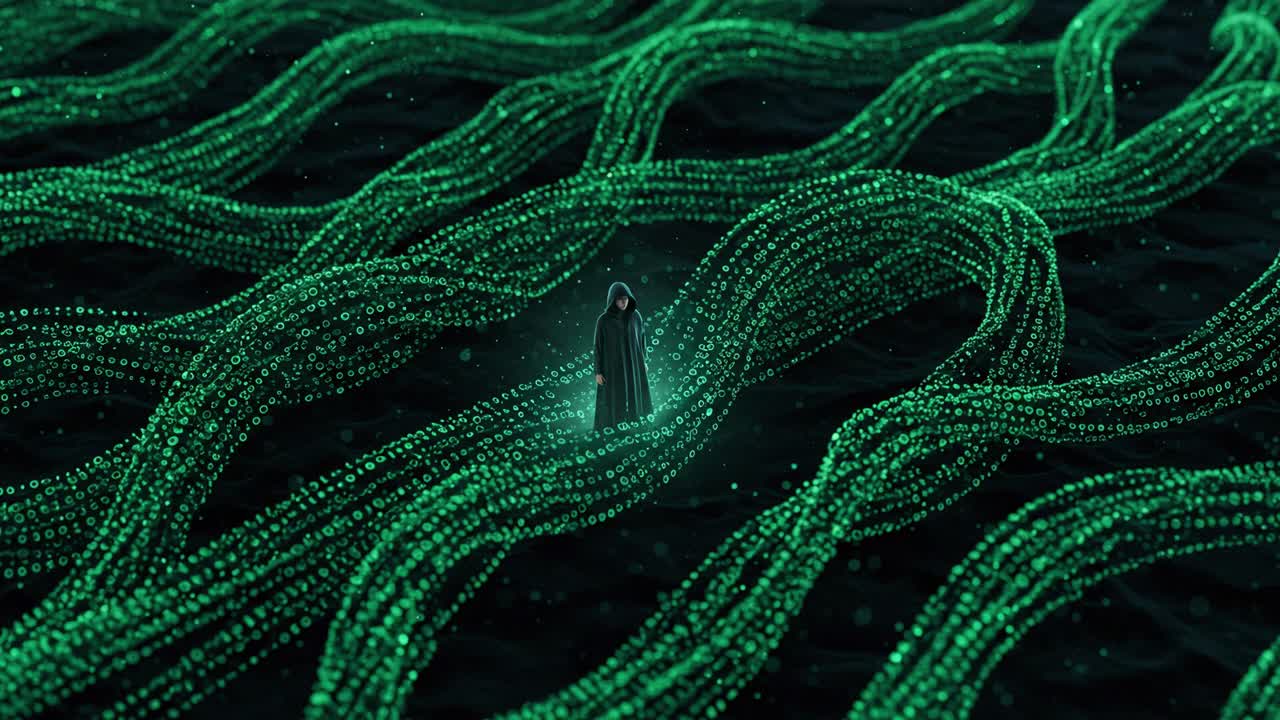 Exploration of a digital landscape featuring a cloaked figure amidst glowing green data streams at night