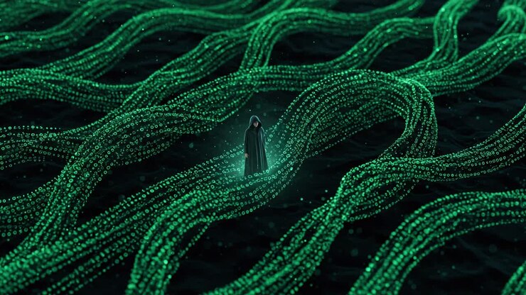 Exploration of a digital landscape featuring a cloaked figure amidst glowing green data streams at night