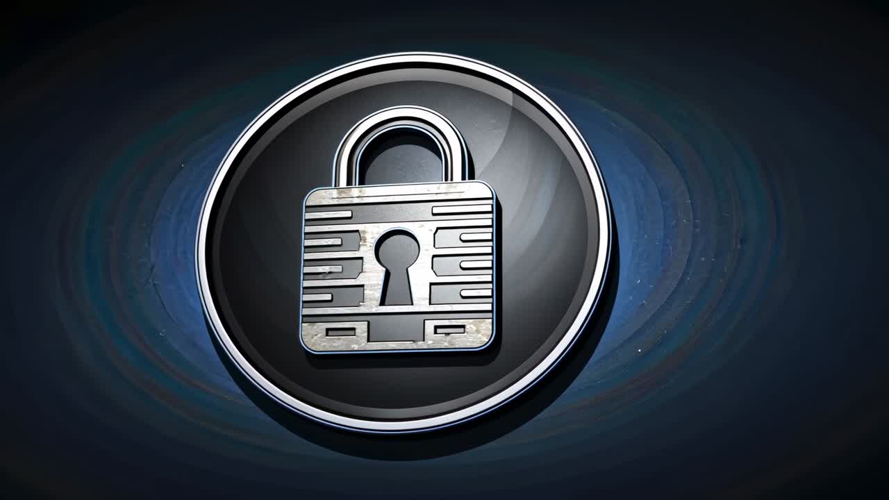 Rotating metallic padlock icon in digital backdrop on playback start, emphasizing metallic texture