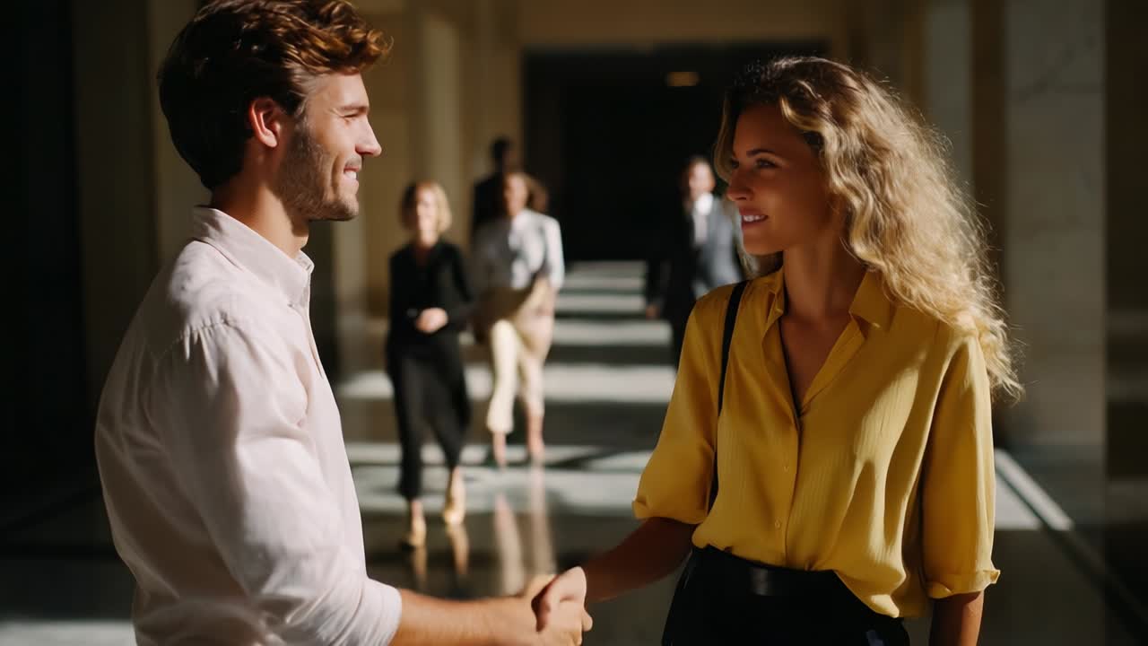 Un incontro di lavoro: due professionisti si stringono la mano calorosamente e chiacchierano in un elegante ambiente d'ufficio, mettendo in risalto connessioni, networking e relazioni professionali
