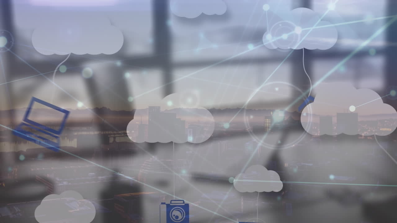 Animation of data processing over cityscape