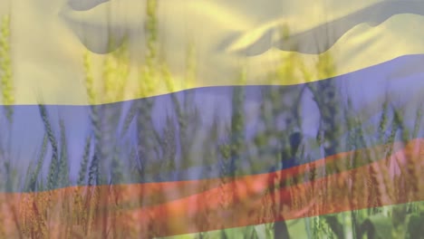 Digital-composition-of-waving-columbia-flag-against-close-up-of-crops-in-farm-field