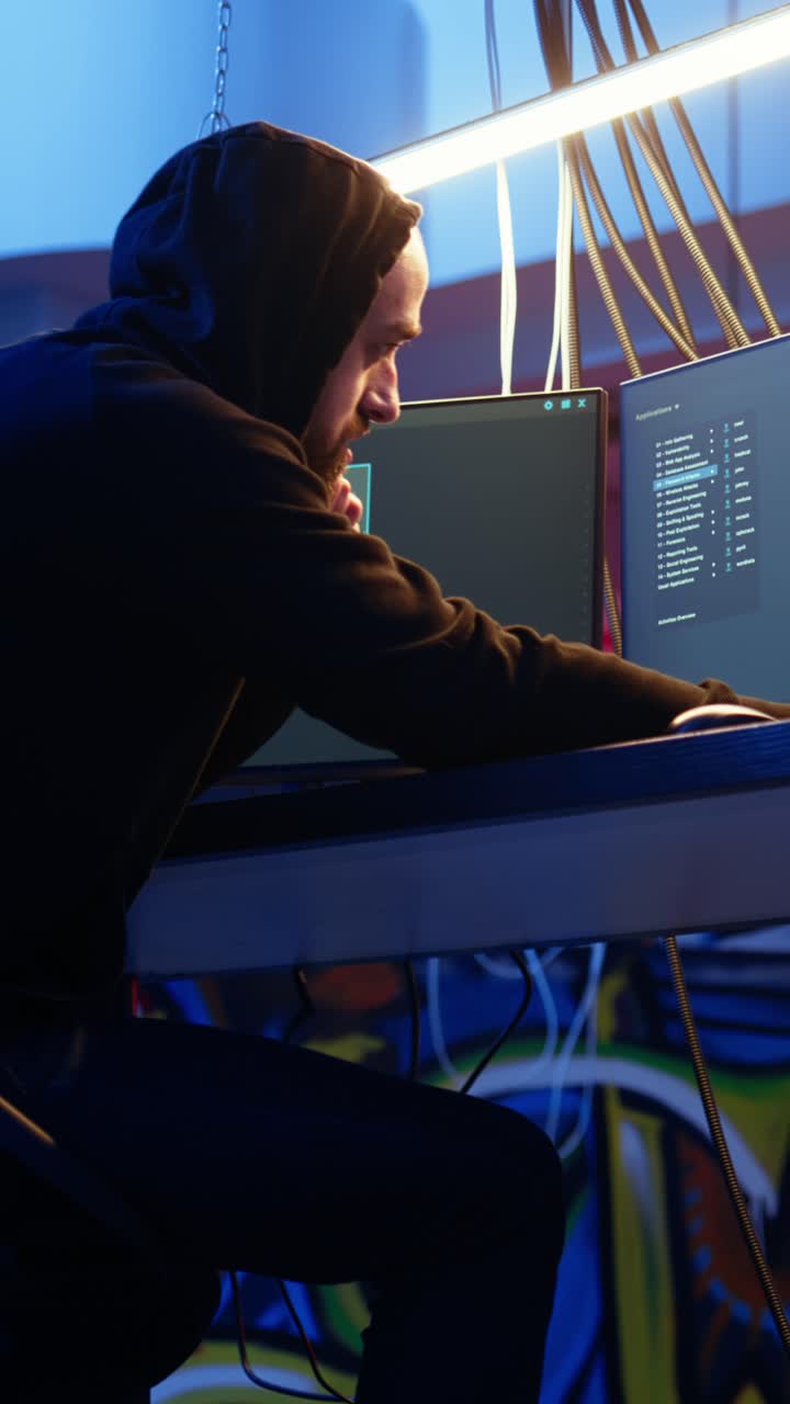 Vertical video Malicious man hacking and talking on phone with partner