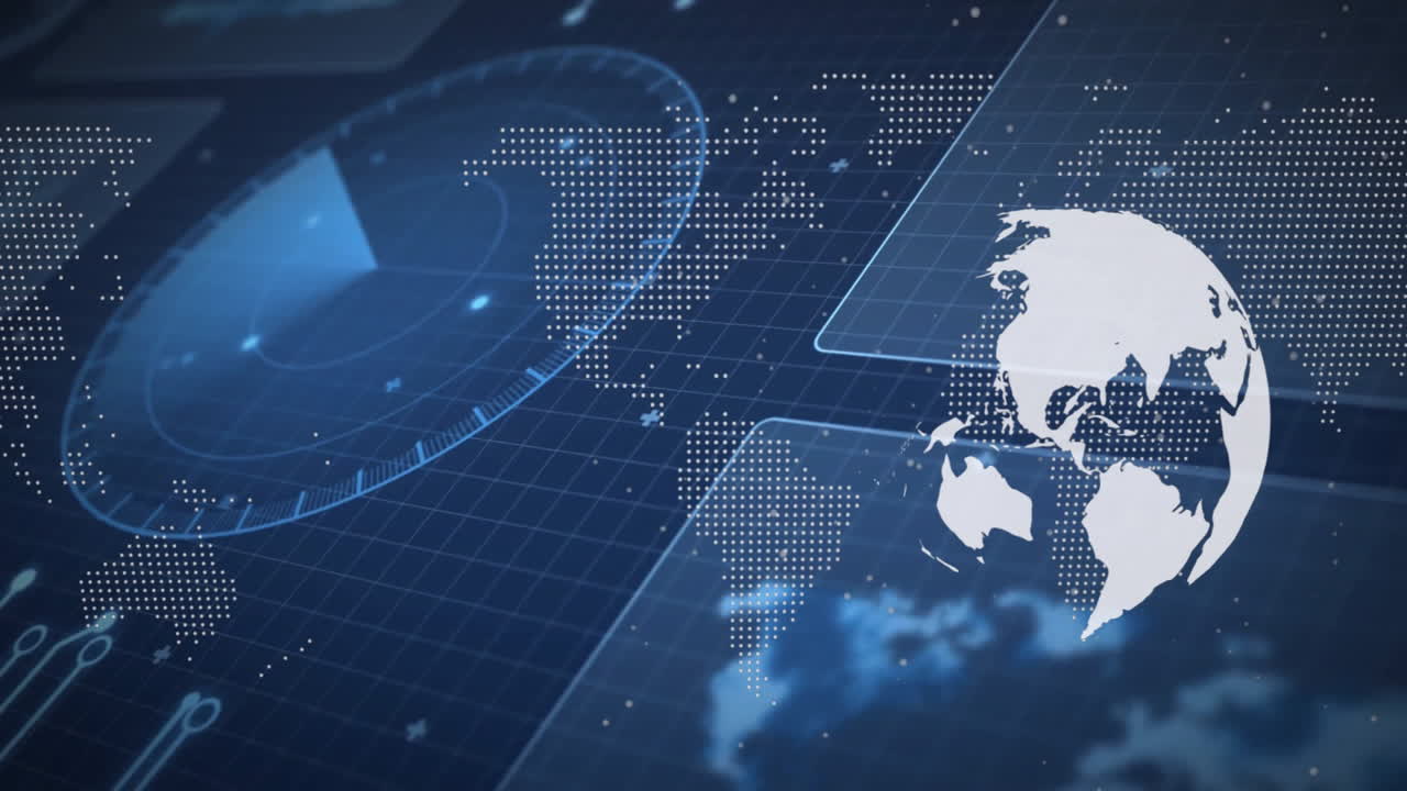 Animation of digital world map with data points and grid on blue background