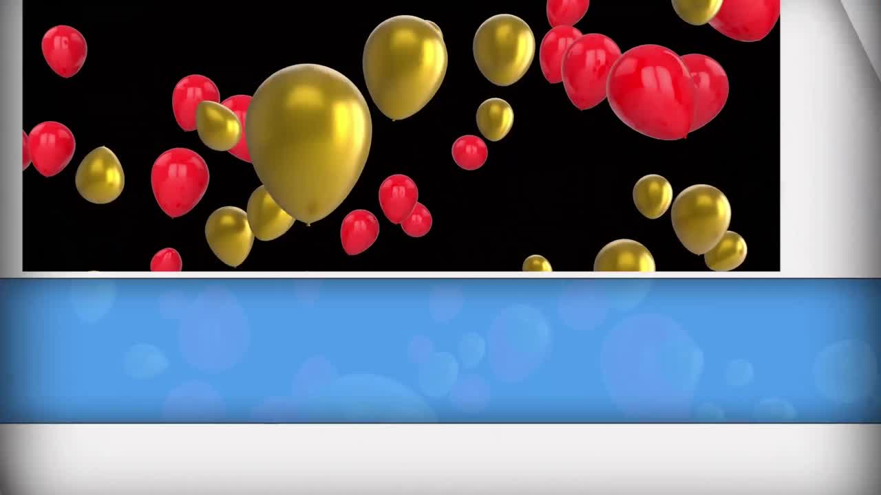 animación de globos coloridos y paneles móviles sobre un fondo negro