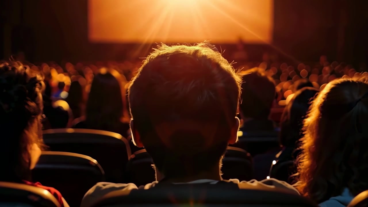 Pubblico di spalle che guarda uno schermo luminoso in un cinema buio