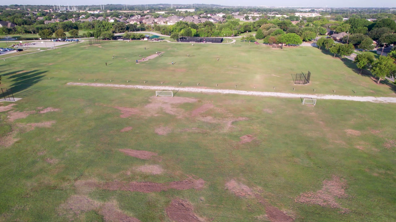 Aerial footage of the soccer fields at Bear Creek Park in Keller, Texas