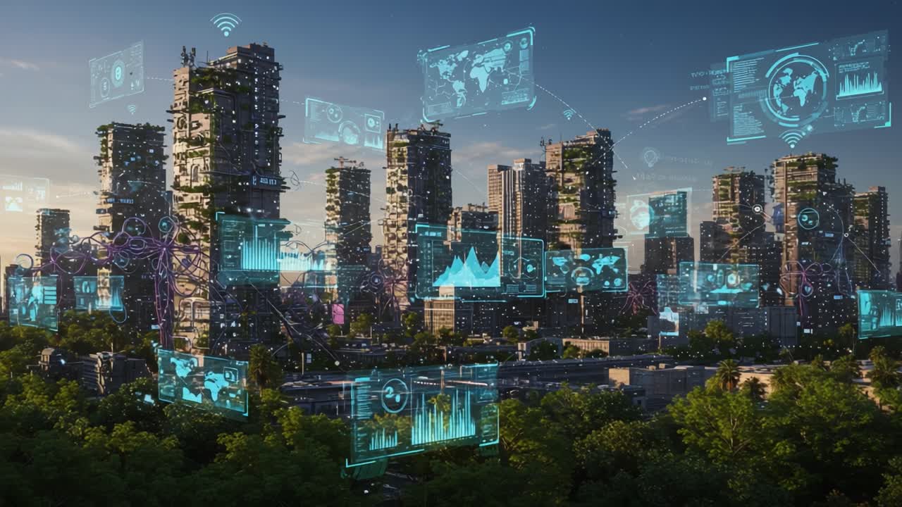 A Futuristic Urban Landscape Enhanced by Digital Interfaces Showcasing Data Visualization, Connectivity, and Smart Technology in a Sustainable Environment