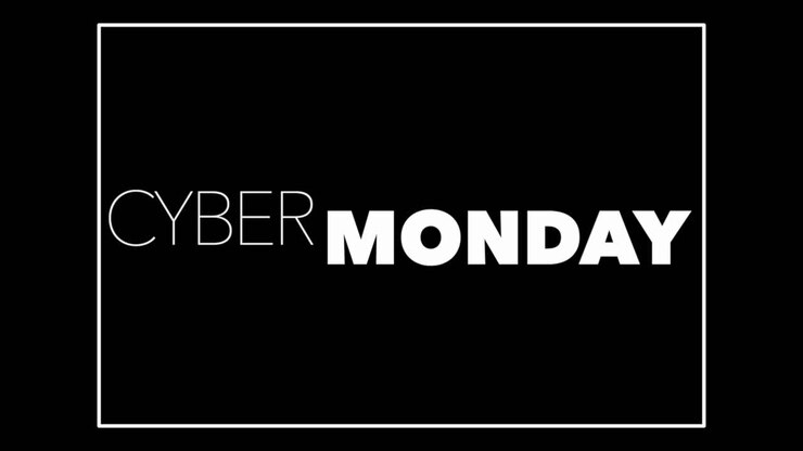 Cyber Monday text in frame on black modern gradient