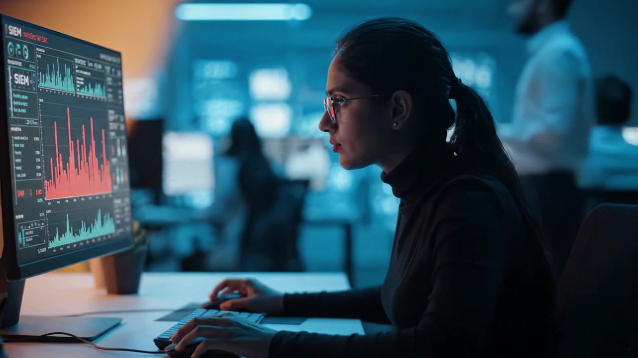 Focused Professional Analyzing Data on Computer Screen in Modern Office Setup with Graphical Displays and Analytical Graphics