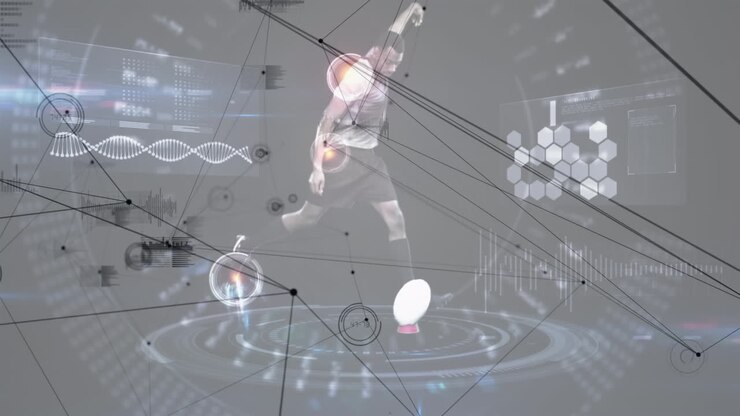 Animation of network and scanner over rugby player kicking ball and information processing