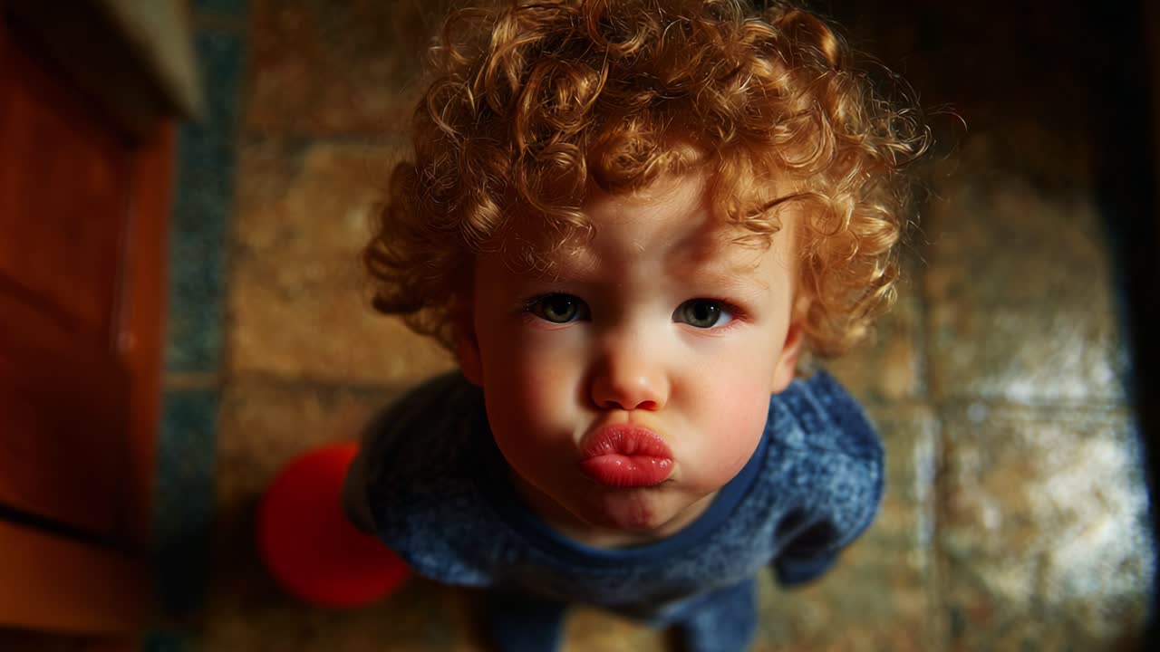 Un bambino curioso con i capelli ricci mostra una gamma di emozioni in un ambiente caldo e accogliente, catturando l'essenza della meraviglia e dell'innocenza dell'infanzia attraverso sguardi ed espressioni imbronciate