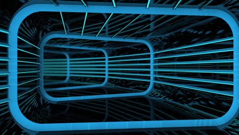 camara goes through a reflective rectangular tunnel with structure and blue lights. endless stream. 3d animation