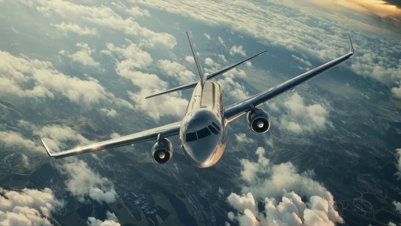 Um vídeo aéreo captura um avião de passageiros voando acima das nuvens, exibindo uma vista dramática em um ângulo alto.
