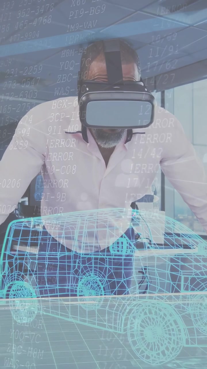 Vertikales Video: Designer startet Simulation mit VR, testet ein Drahtgitter-Auto und scrollt durch Codedaten.
