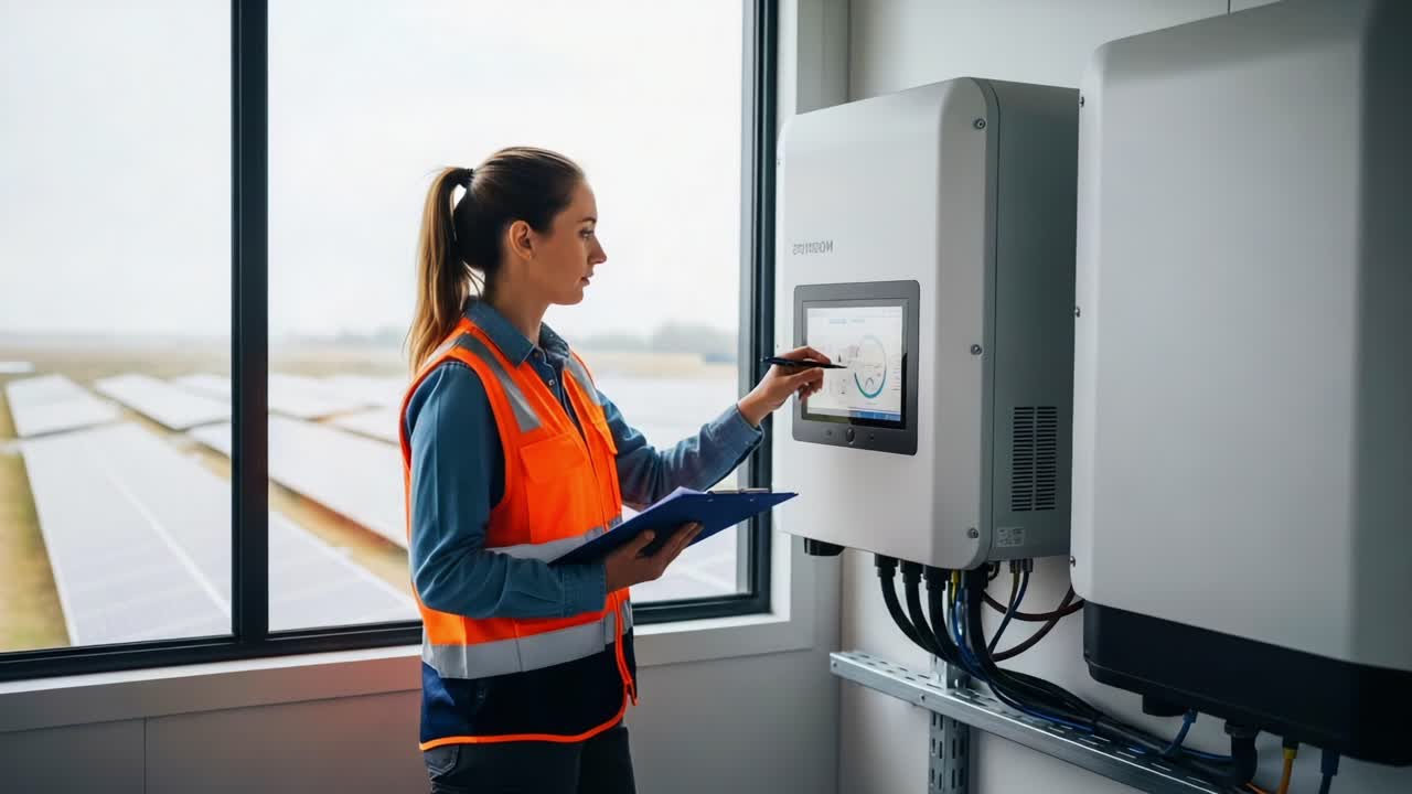 A Solar Energy Technician Monitors a Solar Inverter's Performance Using Touchscreen Technology in a Bright, Open Workspace with Solar Panels in View