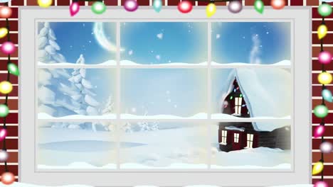 Animation-Der-Winterlandschaft-Und-Des-Hauses-Durch-Das-Fenster-Gesehen