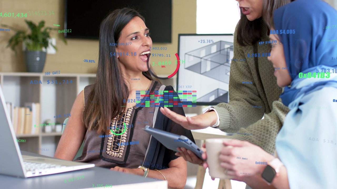 Seated woman leaning forward while colleague tapping tablet, data overlays highlighting tech data