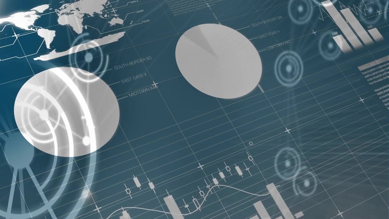 Animation of financial data processing on grey background