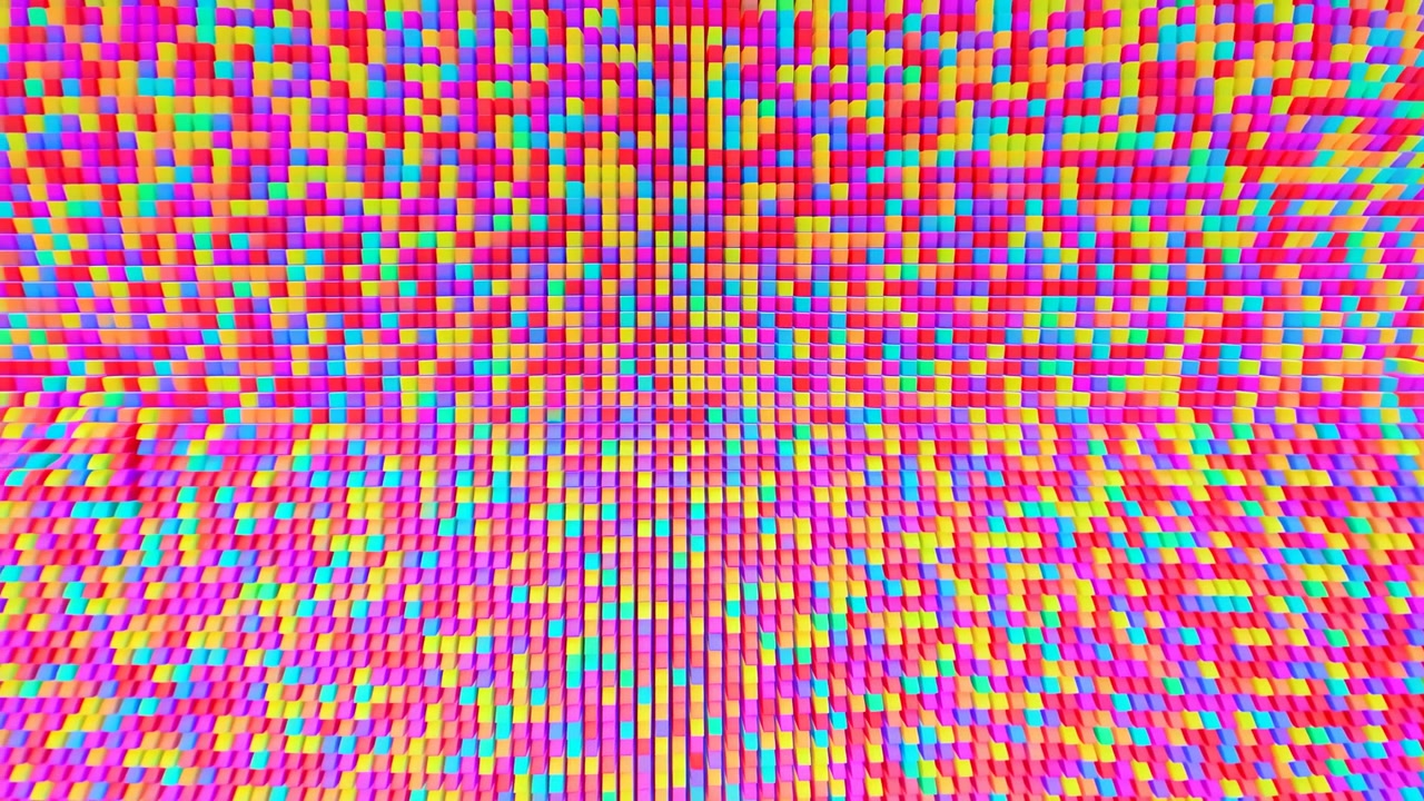 Dense rainbow mosaic of tiny square tiles ripples into curved symmetrical waves, with glossy texture, bright neon colors, high contrast, centered composition, and vivid shifting pattern across full