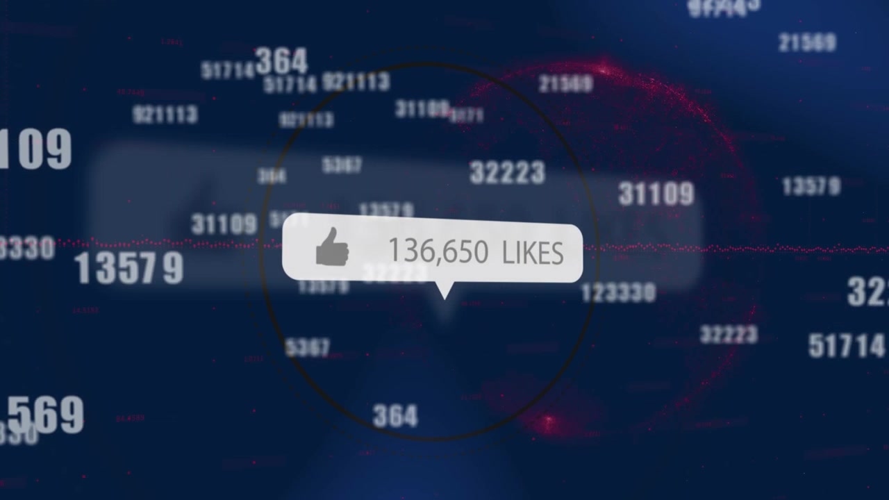 Animation of social media icon with growing number over data processing on blue background