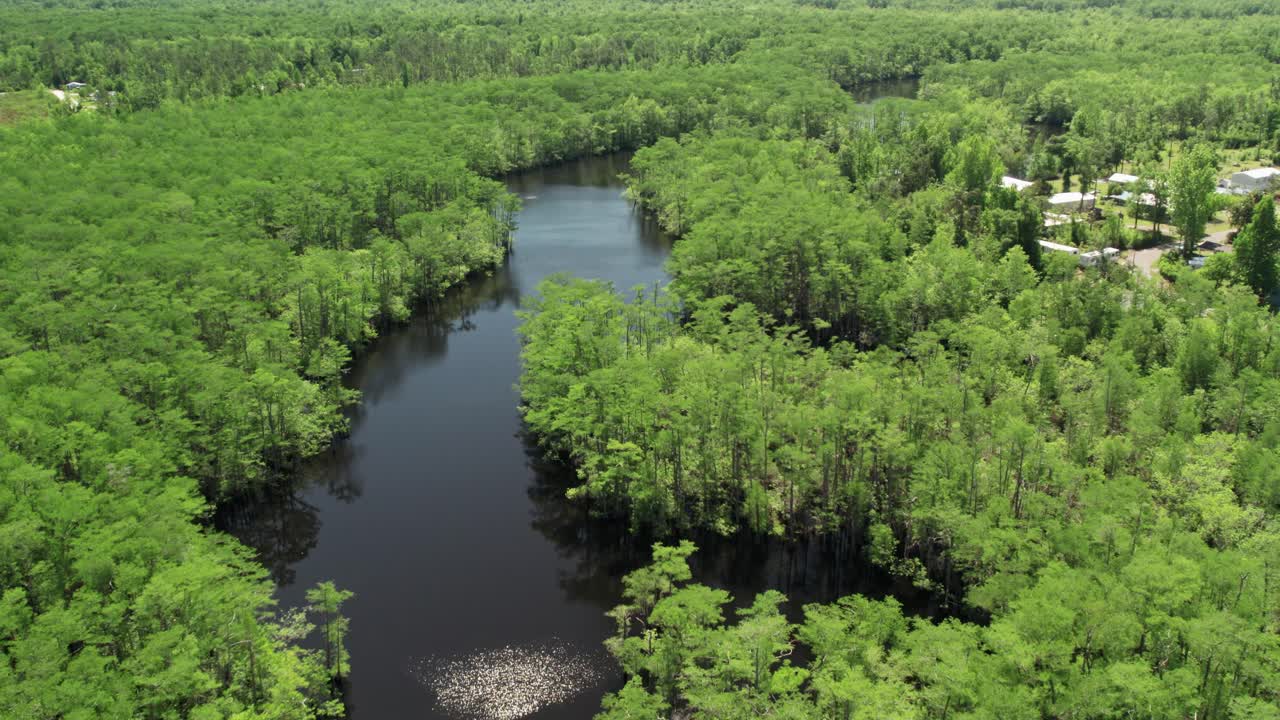 울창한 숲 속에 숨겨진 강과 주거 지역을 따라 공중 비행