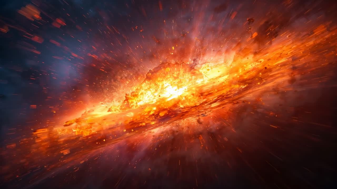 Erupting after core instability, fiery disk and luminous core sending streaking debris into nebula