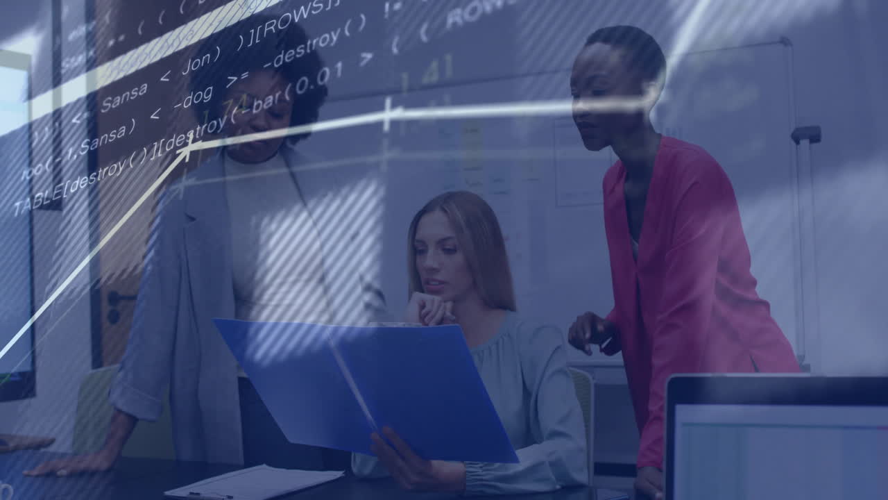 Reviewing documents, business team with coding animation overlay in office setting