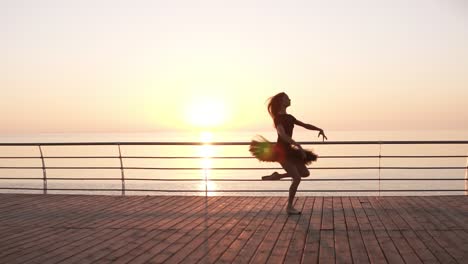 Young-woman-in-black-tutu-doing-ballet-at-the-seafront.-Bosk.-Sunlight.-Attractive-ballerina-practices-in-jumping.-Side-view.-Slow-motion