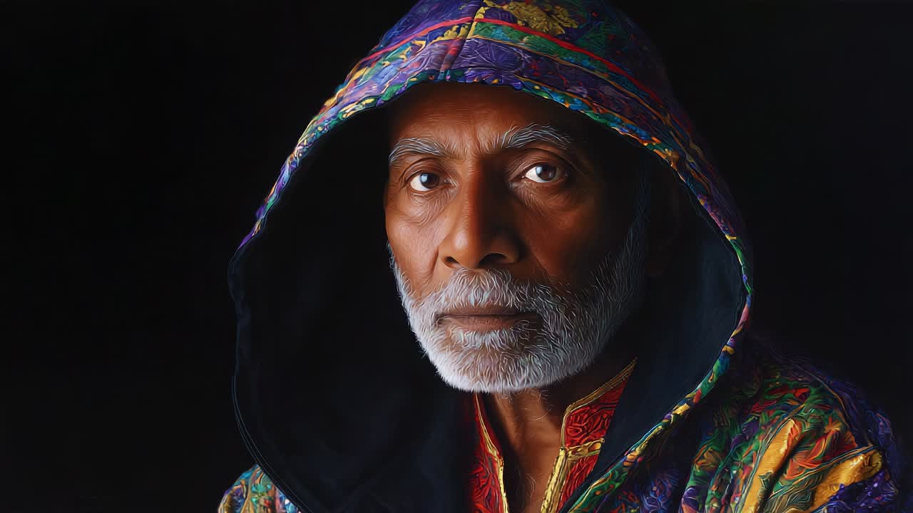 Portrait of a man in an ornate hood