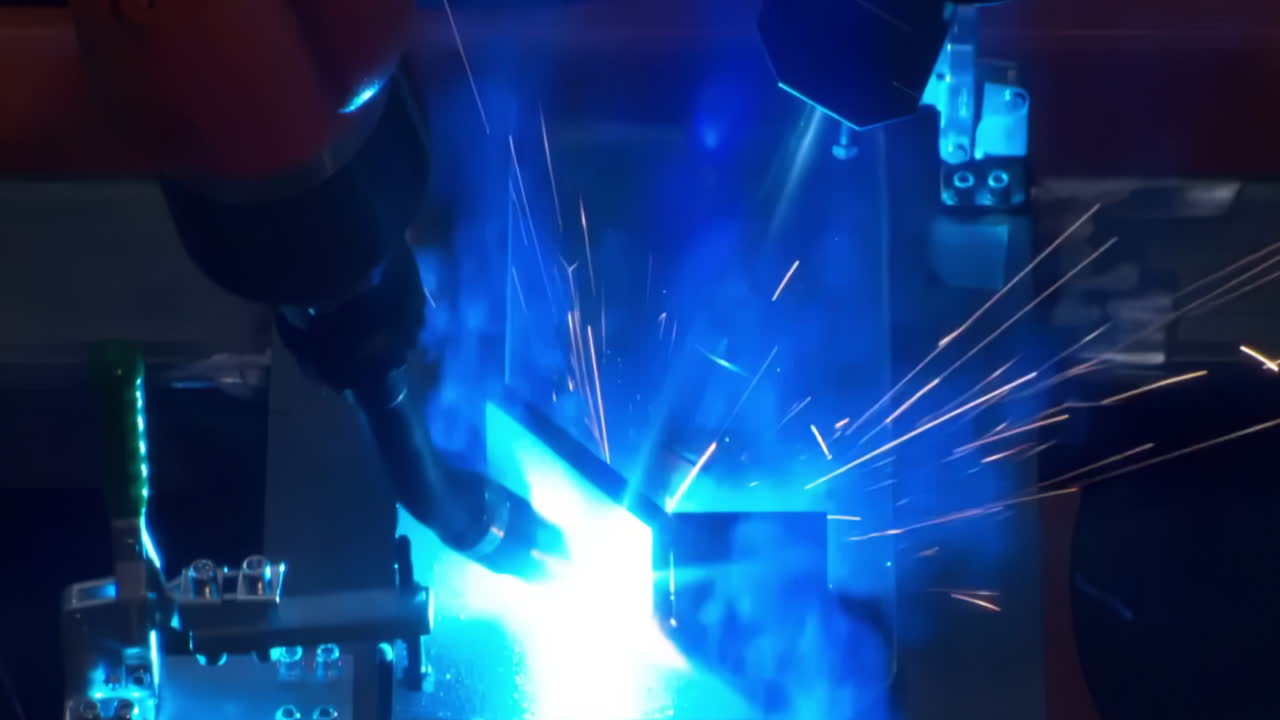High-Tech Industrial Facility Setting Robotic Arms Welding on Large Industrial Structure with Precision and Power with Sparks flying during electric welded