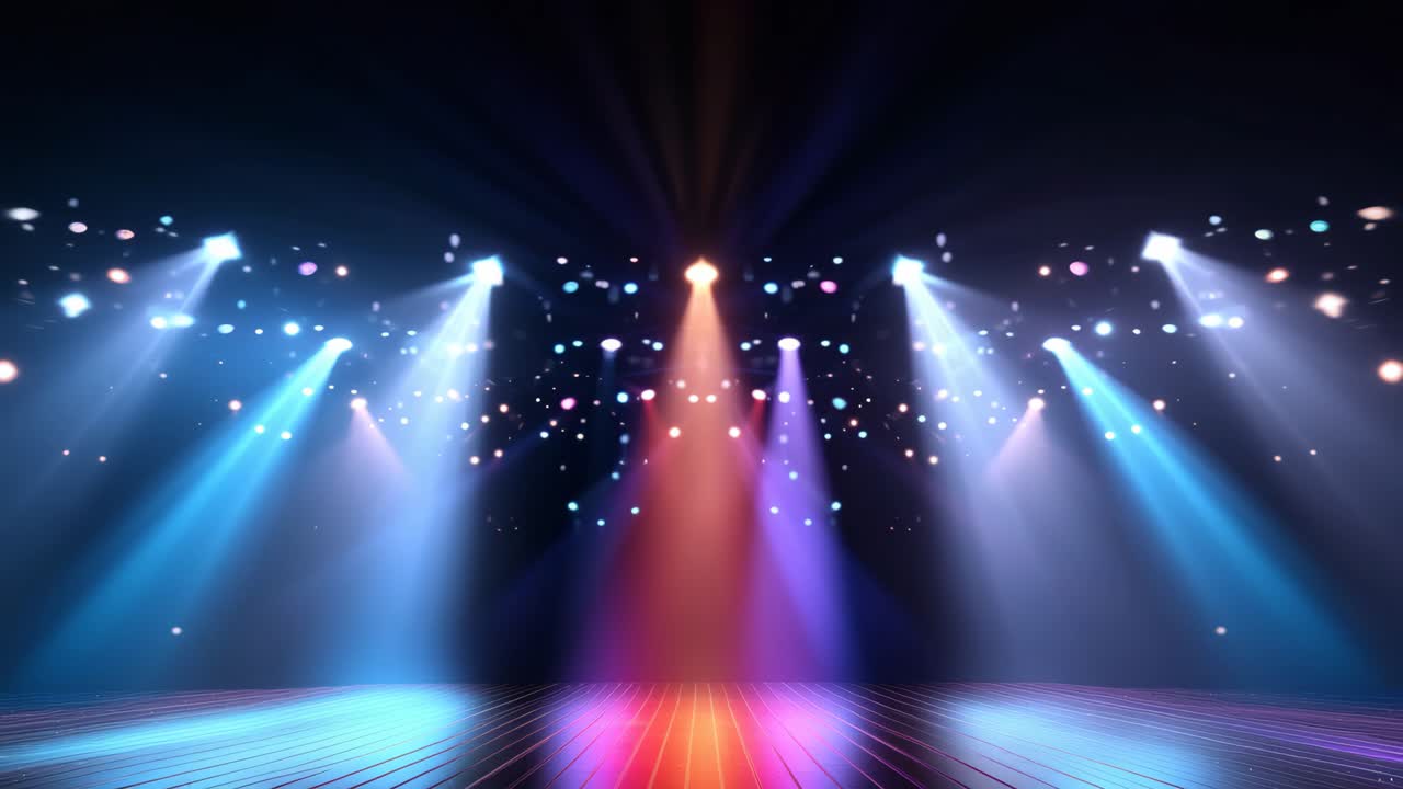 Dynamic stage lights in vibrant colors shine down from above, creating a lively concert atmosphere