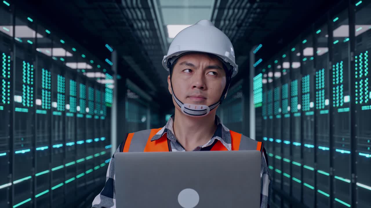 Close Up Of Asian Male Engineer With Safety Helmet Working On A Laptop And Looking Around While Standing in Server Room Data Center