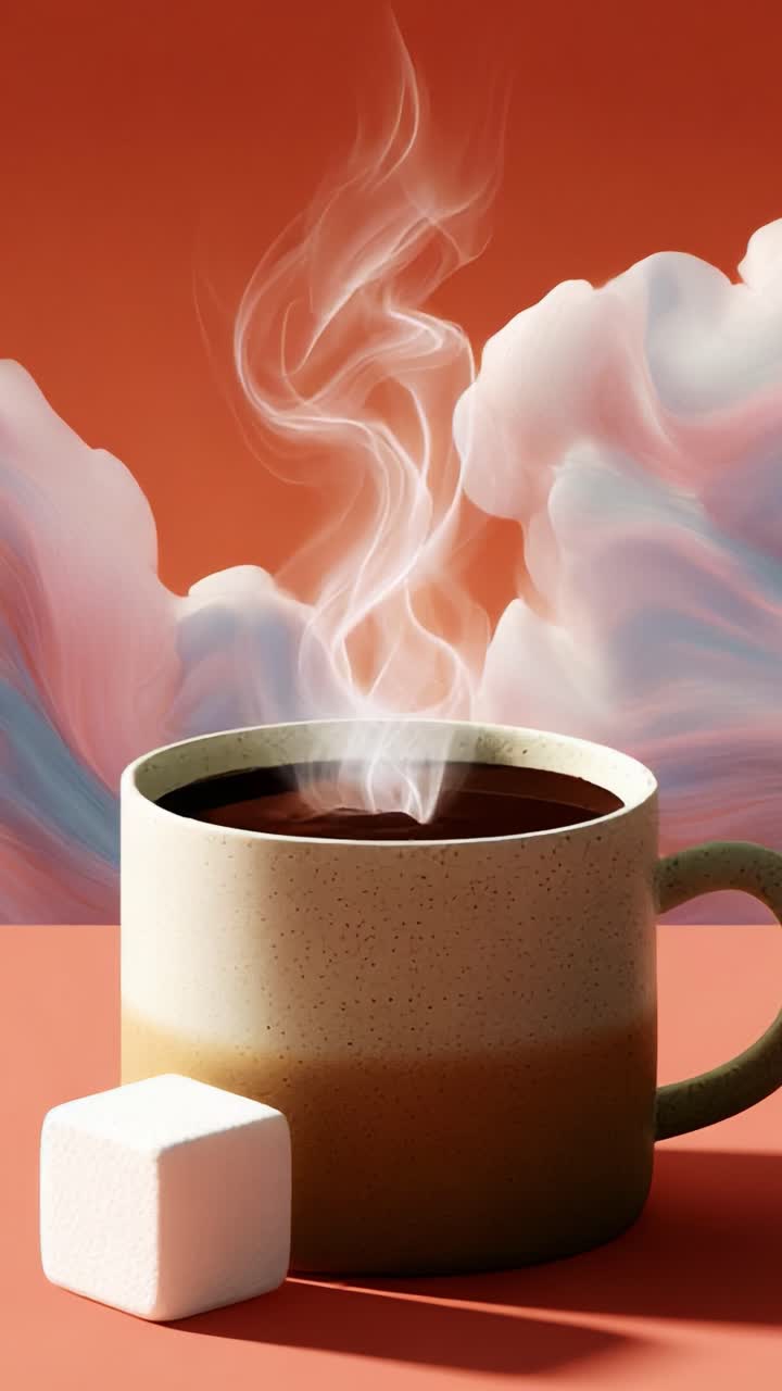 A mesmerizing scene featuring a steaming cup of coffee with a sugar cube, complemented by swirling pastel clouds in the background, creating an inviting and warm atmosphere ideal for relaxation