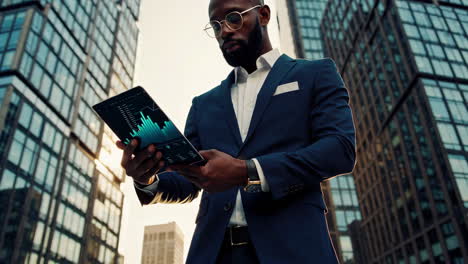 a businessman analyzes financial data on a tablet in the city