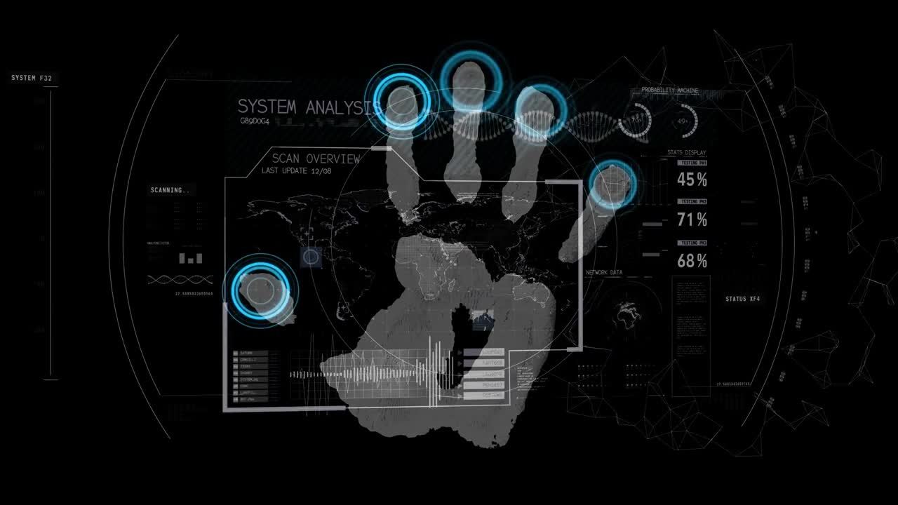 검은 바탕에 데이터 처리 및 지문의 애니메이션