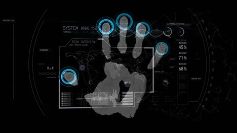 Animation-of-data-processing-and-fingerprint-on-black-background