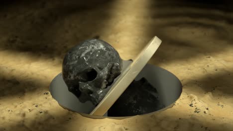 the black marble skull rotates and flips on a white platform in sand. 3d animation of seamless loop