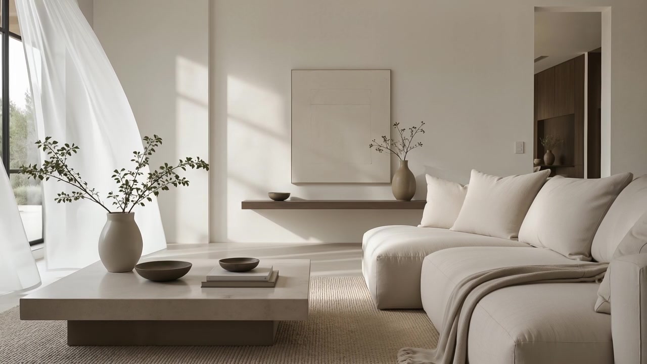 Minimalistický moderní design interiéru obývacího pokoje s neutrálními tóny a přirozeným slunečním světlem.