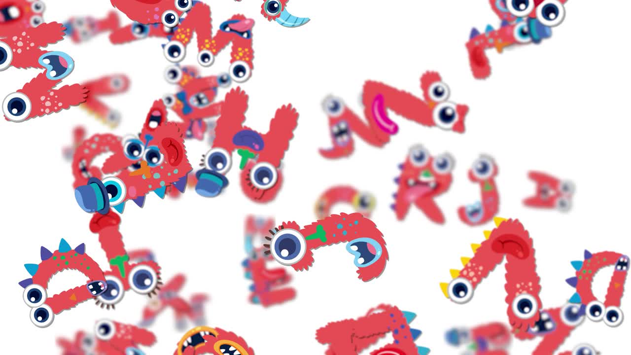 Colorful monster-themed letters animate dynamically against a white background, creating a lively and playful visual experience