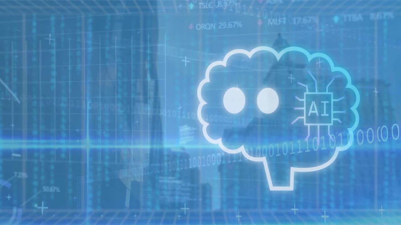 클라우드에서 바이너리 코드, 컴퓨터 언어, 지도, 건물에 거래 보드에 대한 ai 텍스트의 애니메이션