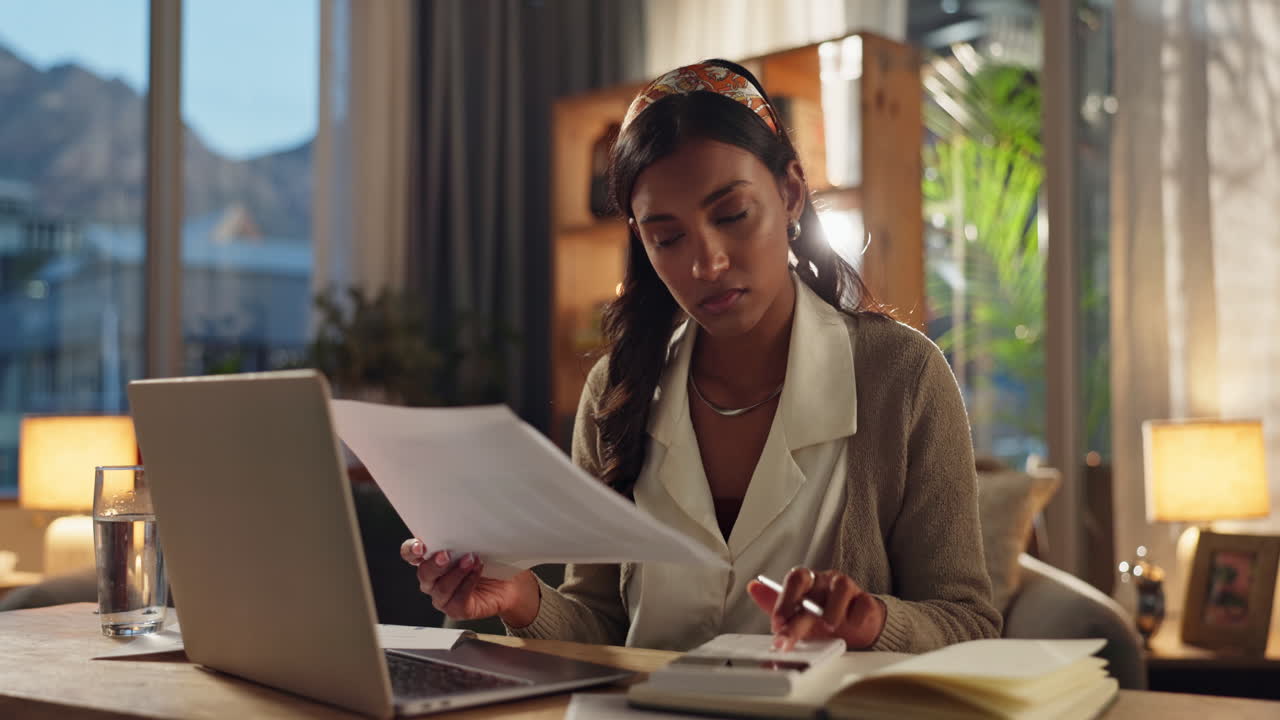 A woman working on a laptop with papers at a desk