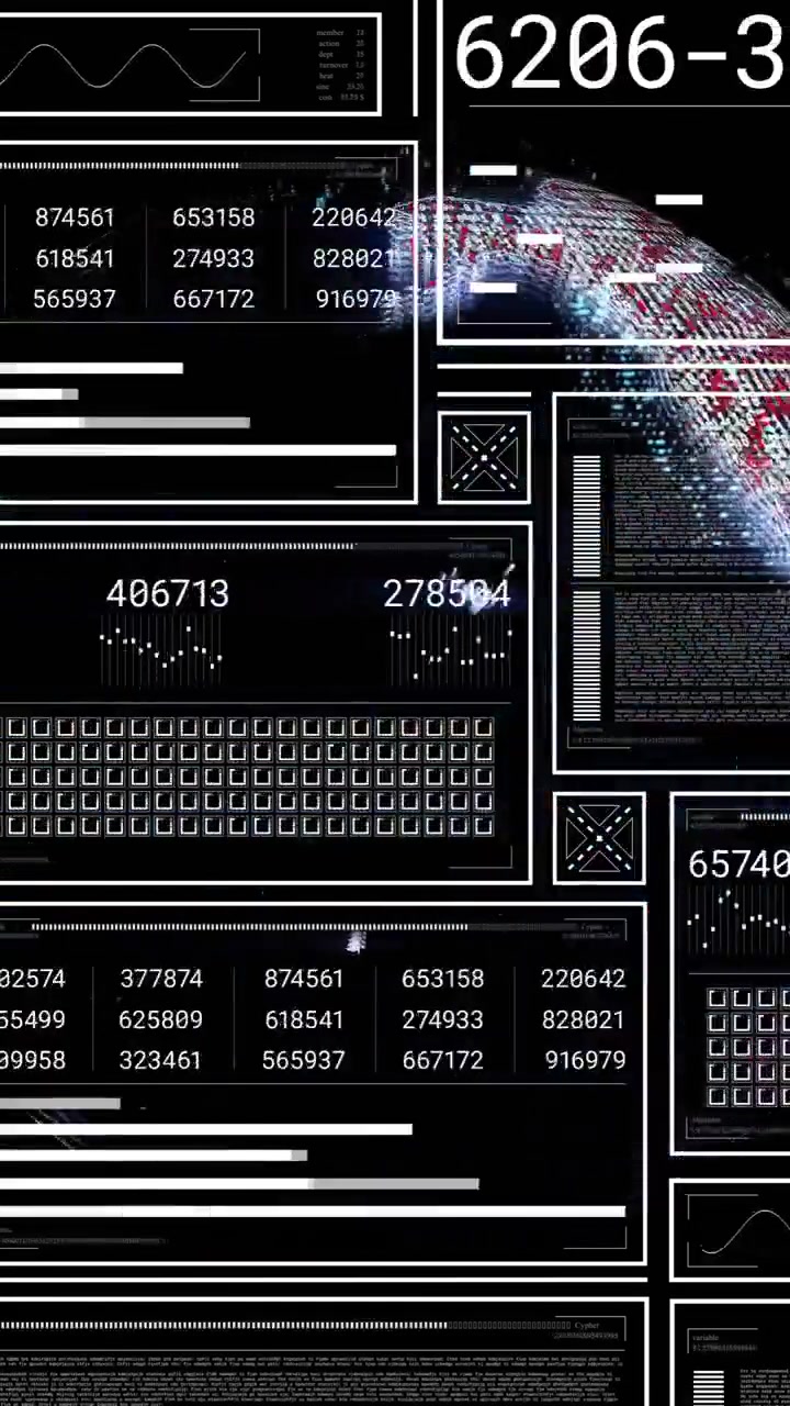 Digital data processing animation over various numerical and graphical interfaces