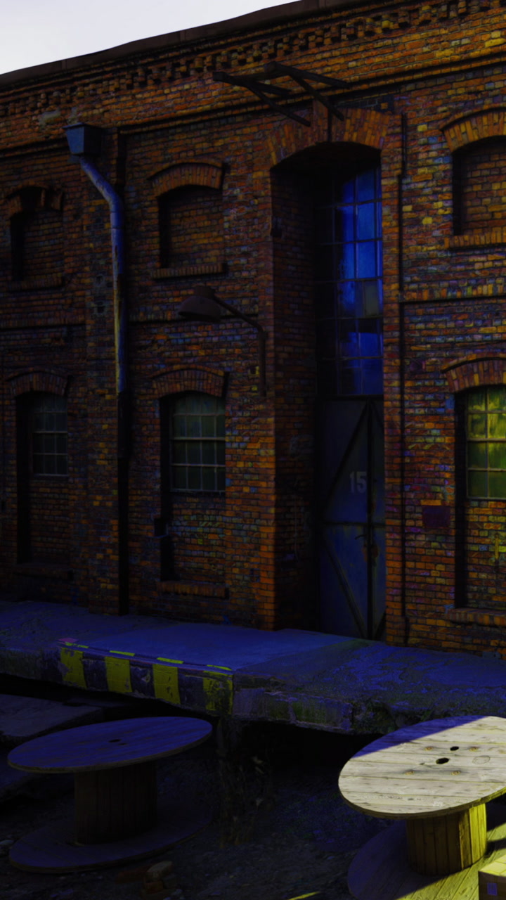 Old brick warehouse with blue windows near wooden structures in the afternoon
