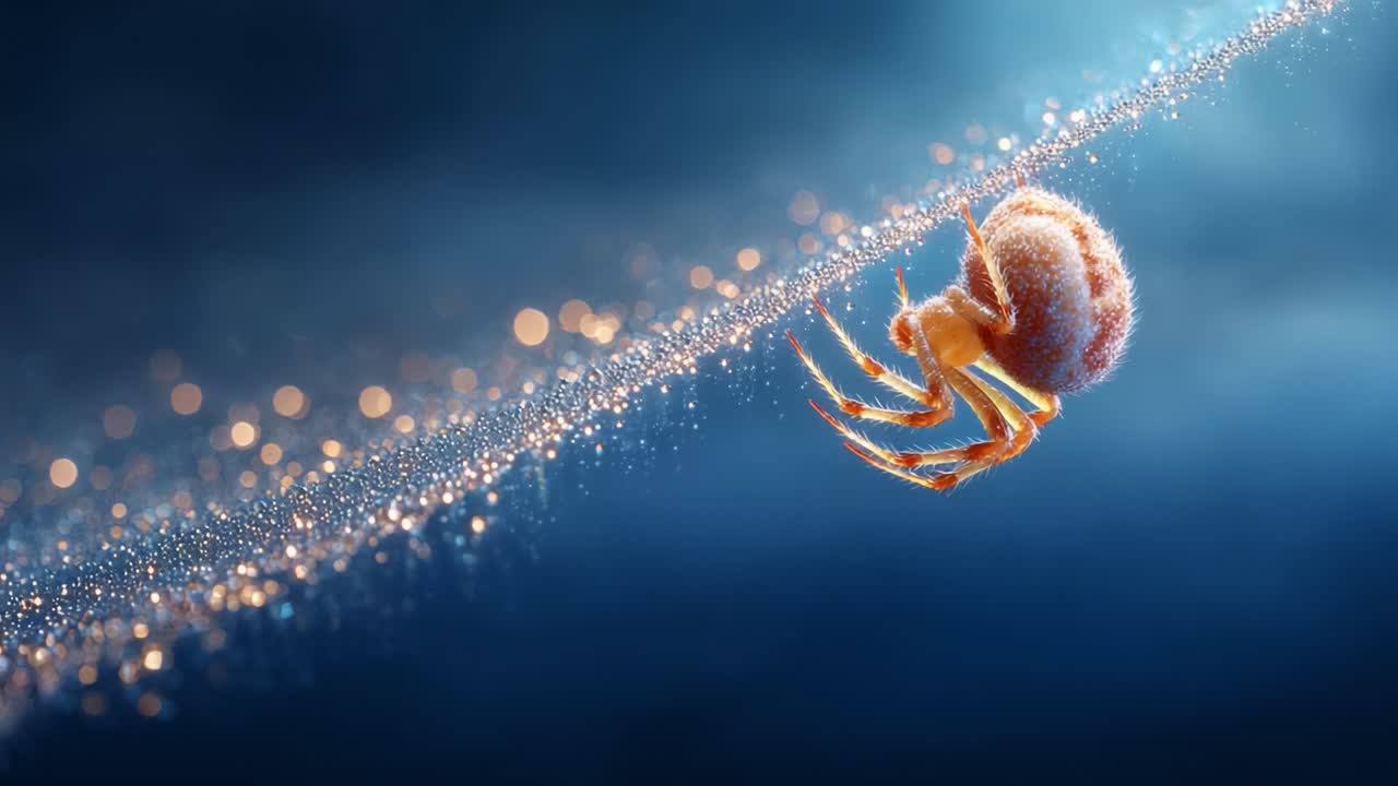 A Magnificent Close-Up of a Spider Suspended on a Dew-Drop Covered Silk Thread, Capturing the Intricacies of Nature's Artistry with Glimmering Background Bokeh Effects